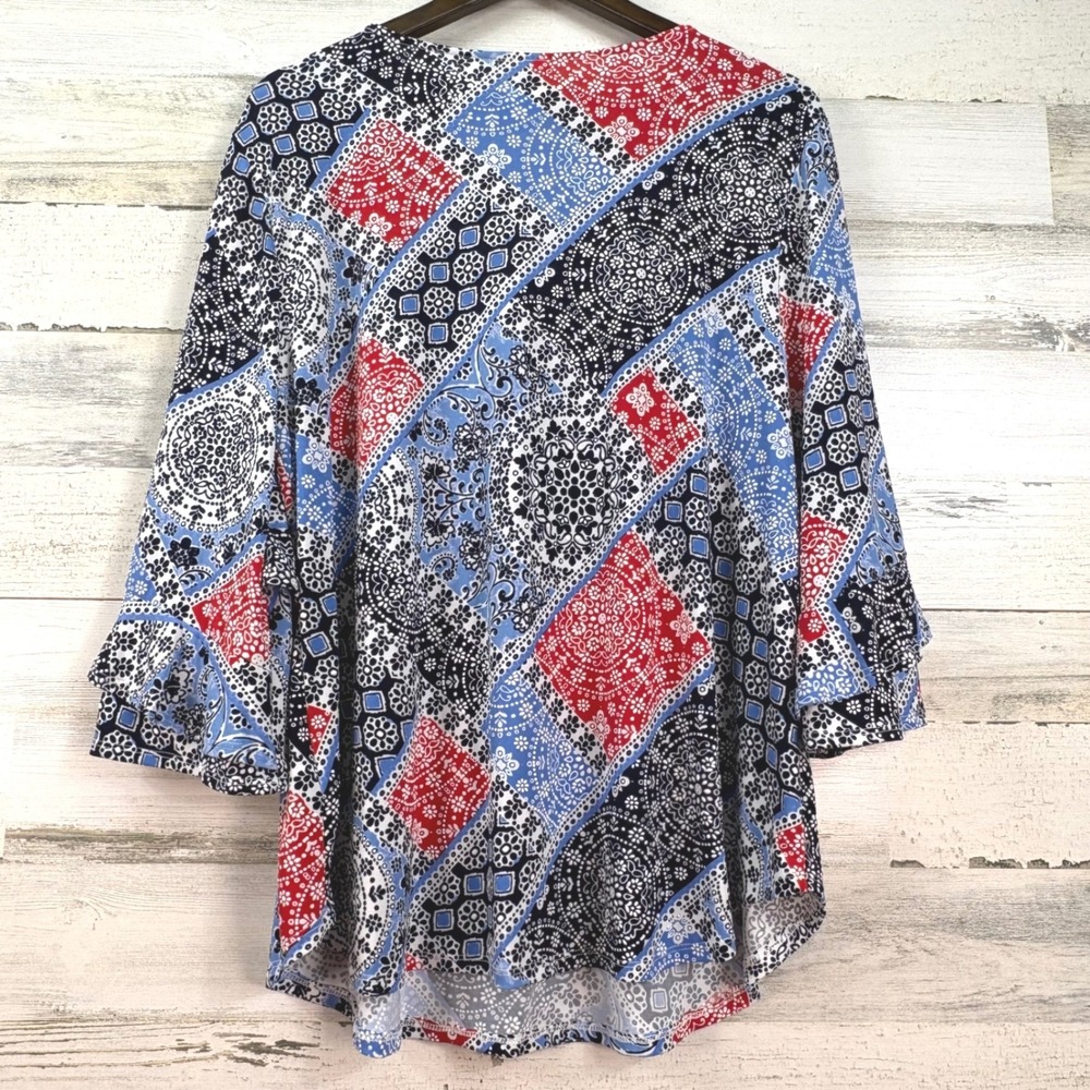 Ruby Rd Womens 3/4 Tiered Flounce Sleeve Bandana Patchwork Top Red Blue L Boho - Picture 2 of 11